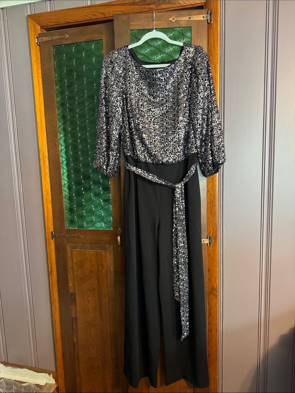 Jessica Howard Black & Silver Sequin Jumpsuit with Tie Belt